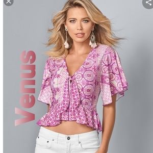 Pink Print Tie Front Peplum Style Top Size Large